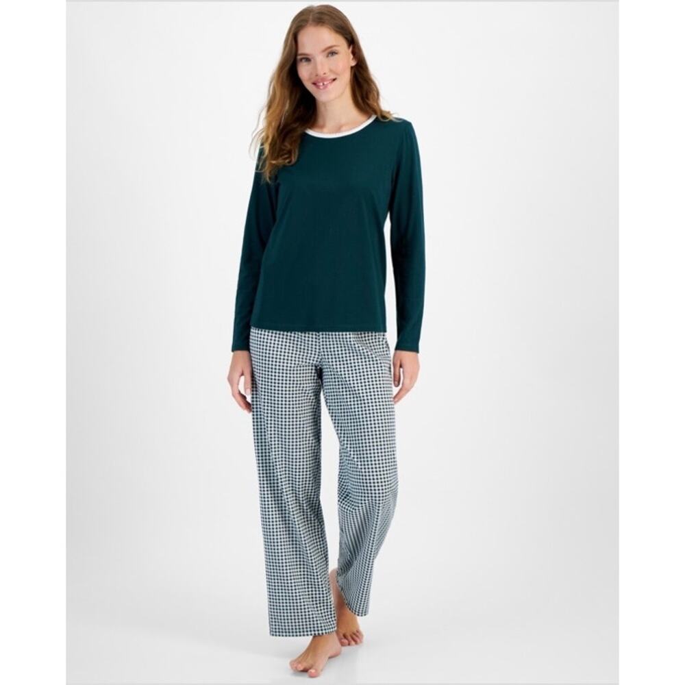 Charter Club Women's 2-Pc. Long-Sleeve Pajamas Set, - Gingham Check Green XXL